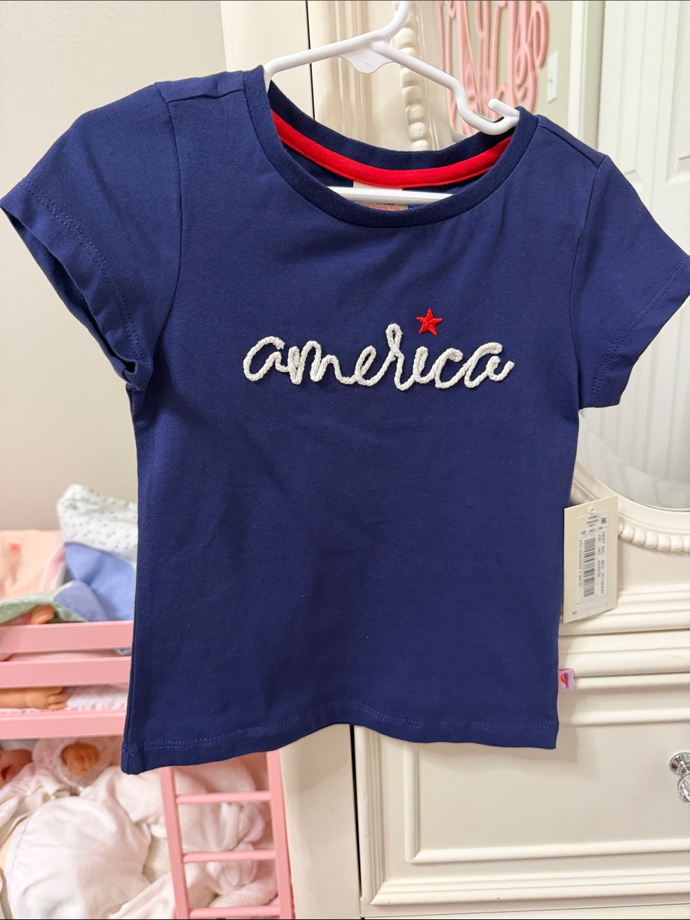 Copper Key Navy Tee with White 'america' Script and Red Star